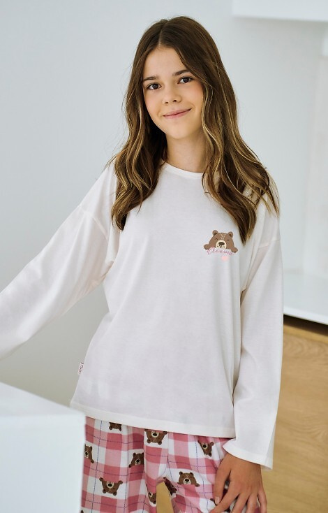 3503 Pigiama per bambina Astrid Taro beige - cotone, stampa, pantaloni a quadri